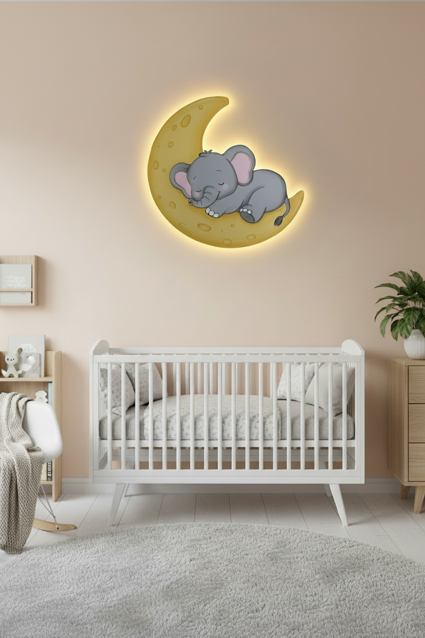 Sleeping Elephant Moon Lighted Wall Décor 70 cm