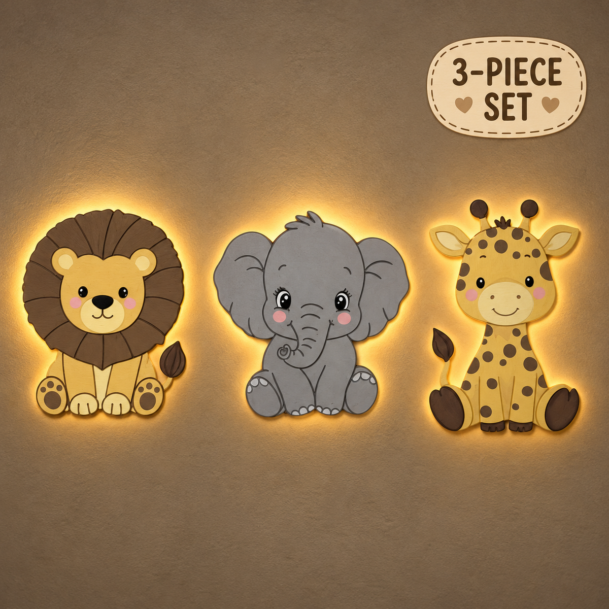Safari Friends Lighted Wall Décor Set – 3 Pieces – 50 Cm each